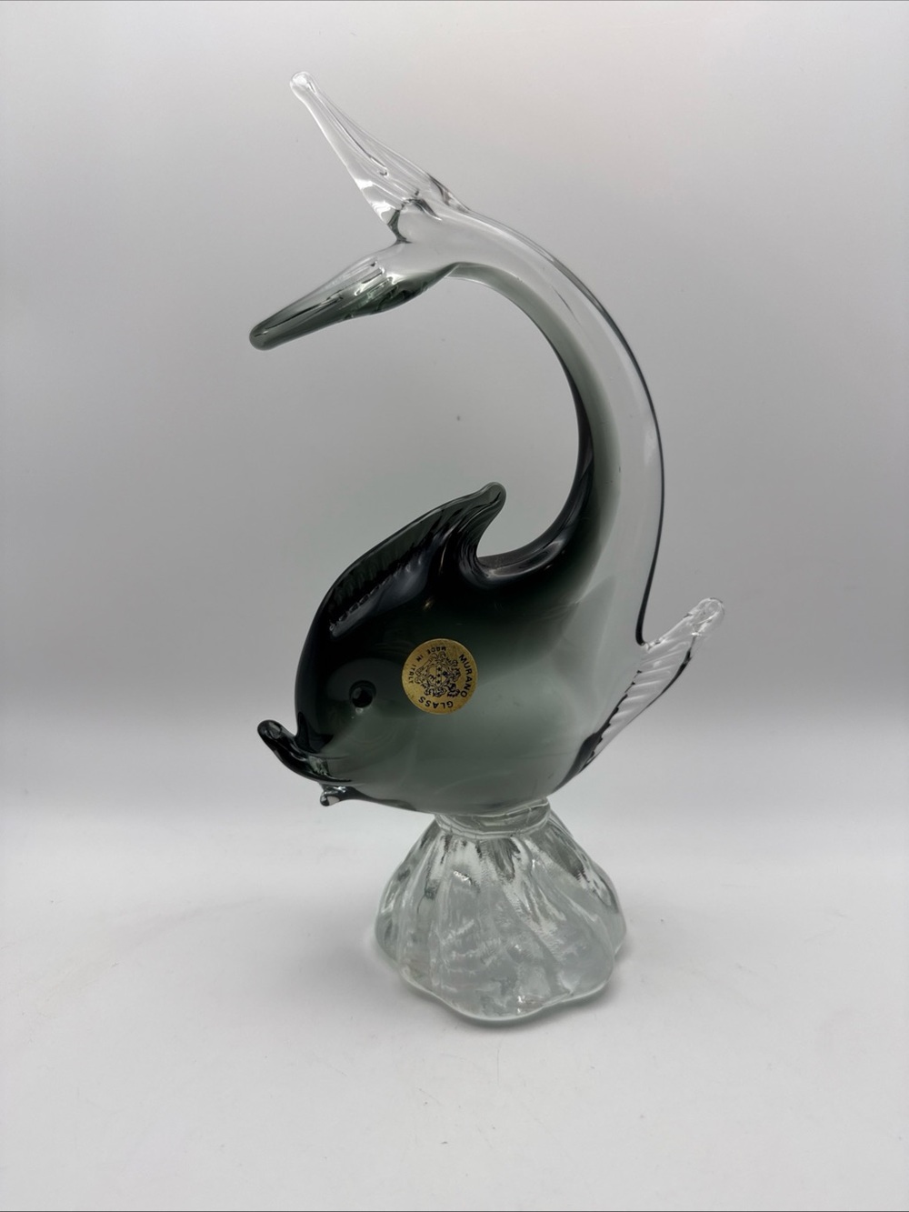 10” Vintage Murano Hand Blown Art Glass Fish On Base Glass Smoke Art Sticker